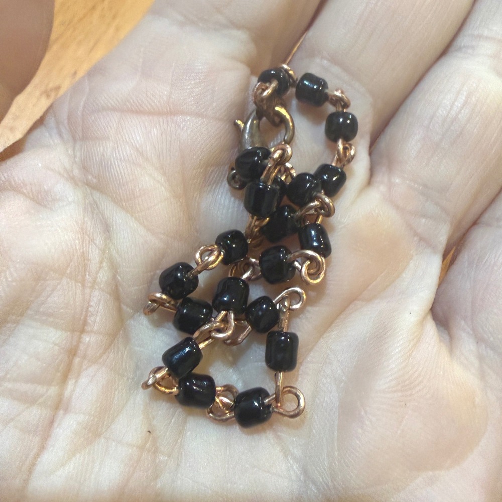 Black Glass Bead Rosary Bracelet Copper Tone Wire Wrapped Minimalist 7.5 Inch
